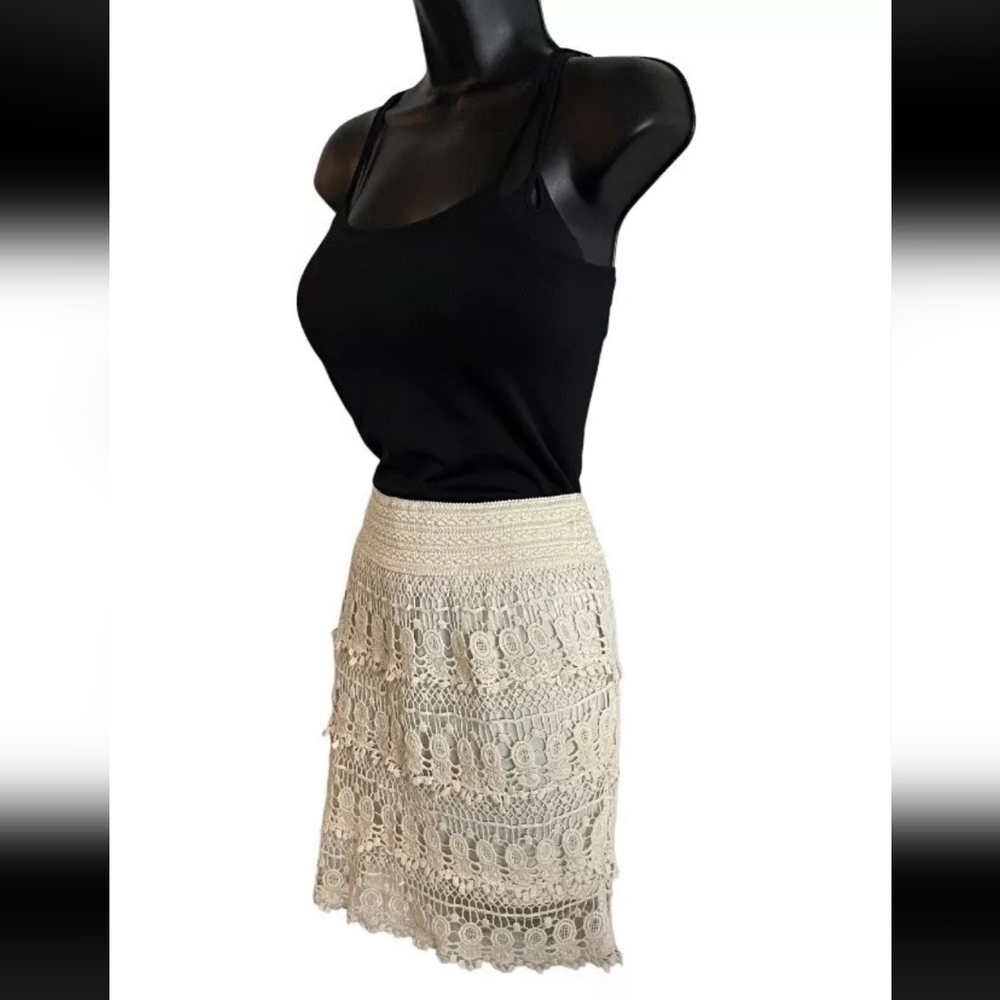 5/$10 EUC Blue Island Boho Crochet Mini Skirt  L / XL 30” Layered Lined cream